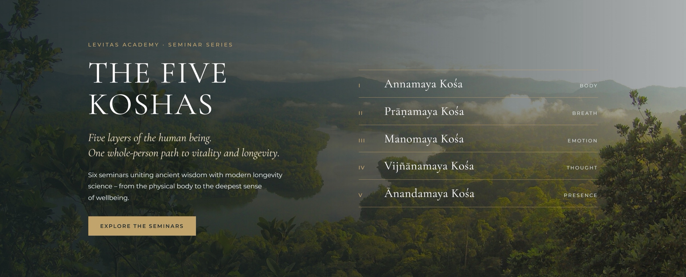 Levitas Academy seminar series: The Five Koshas. Five layers of the human being, one whole-person path to vitality and longevity. Six seminars uniting ancient wisdom with modern longevity science. Explore the seminars.